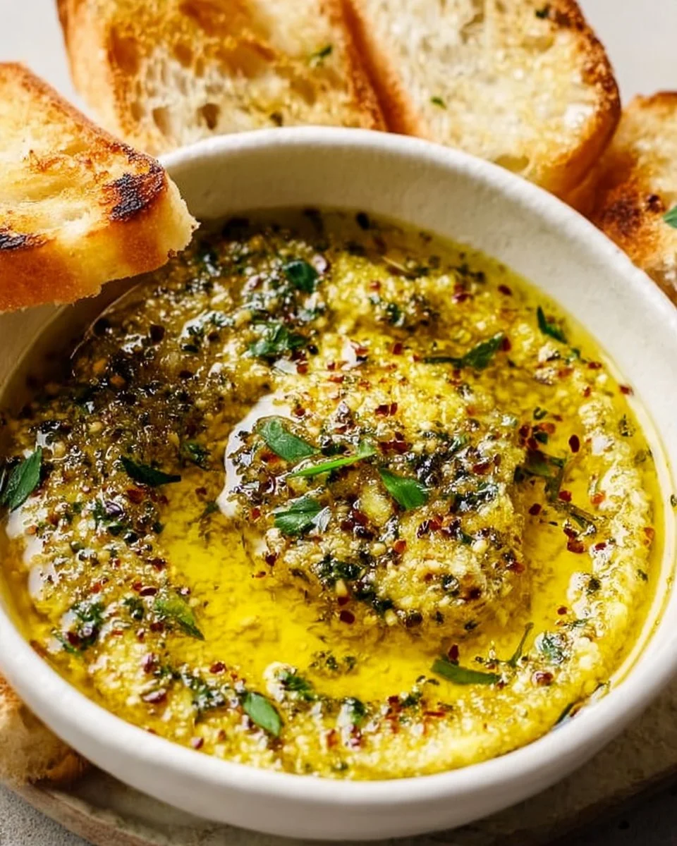 Delicious garlic olive oil dip served in a bowl with herbs and bread for dipping.