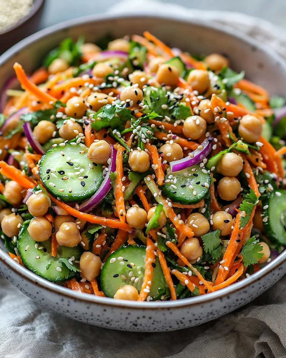 Asian cucumber and chickpea slaw with sesame dressing in a bowl