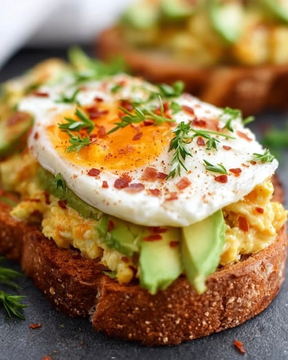 Avocado toast topped with a perfectly cooked egg, a nutritious breakfast dish.