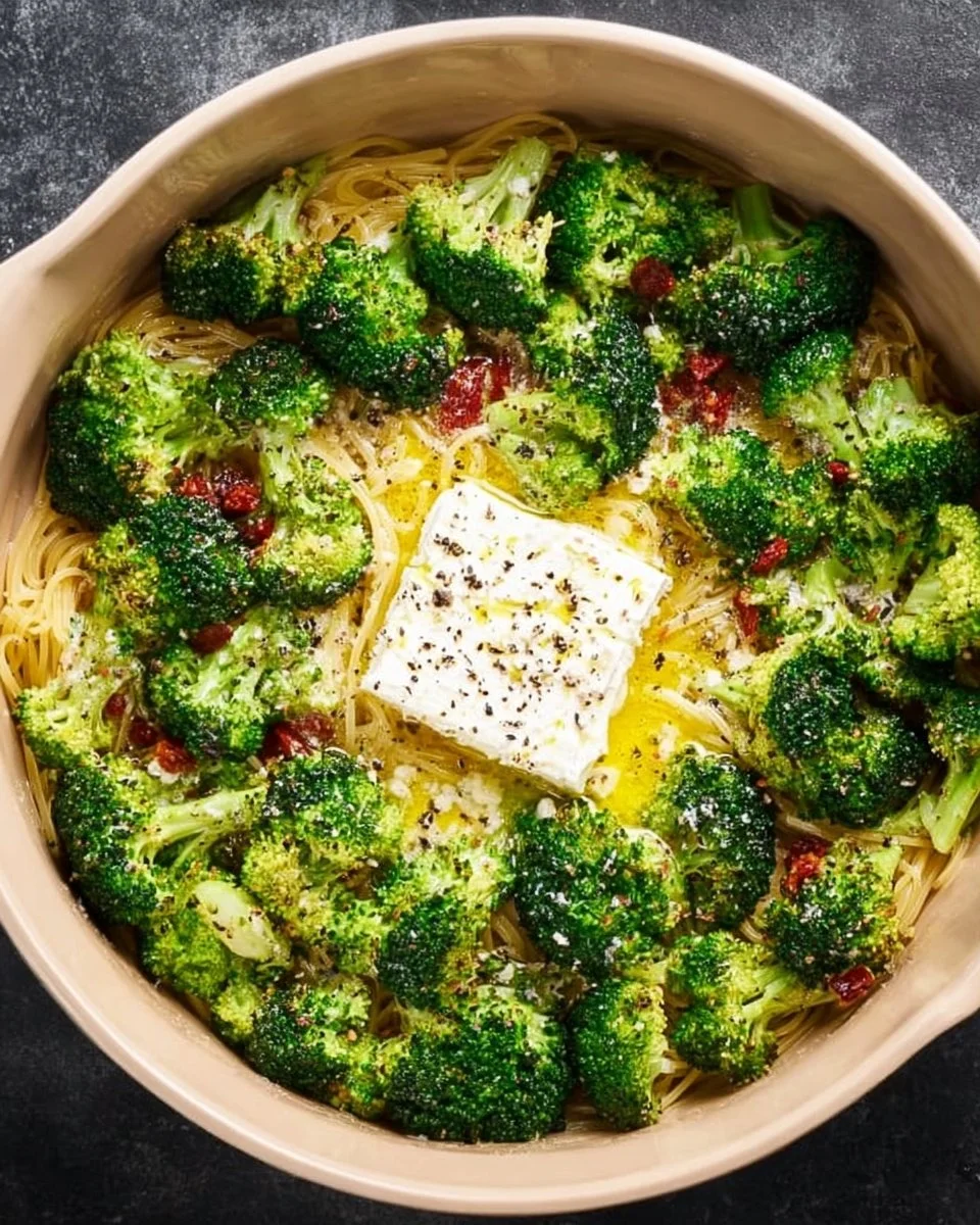 Baked Feta Pasta with broccoli in a creamy sauce served in a bowl.