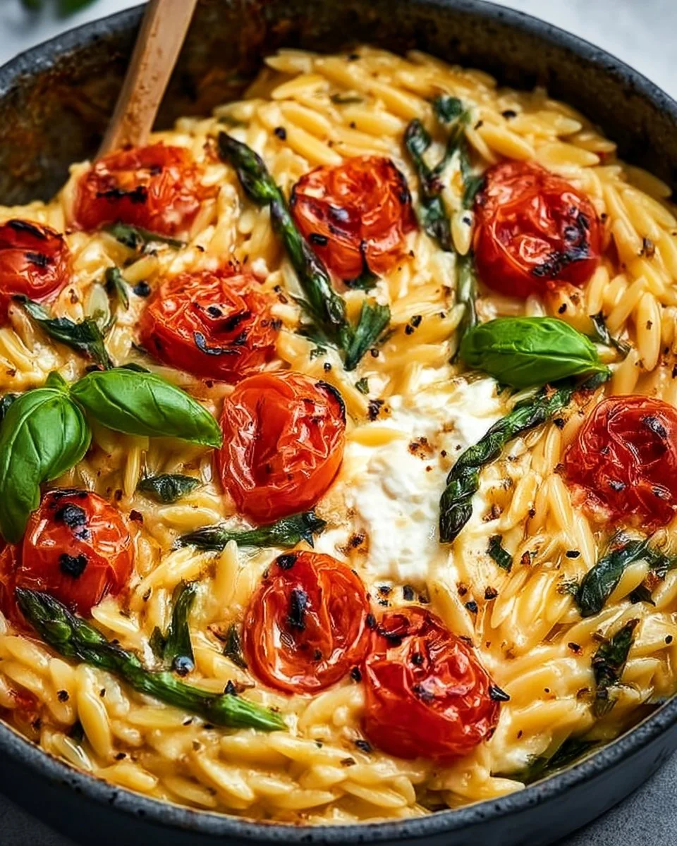 Creamy Baked Feta Orzo dish with cheese and vegetables