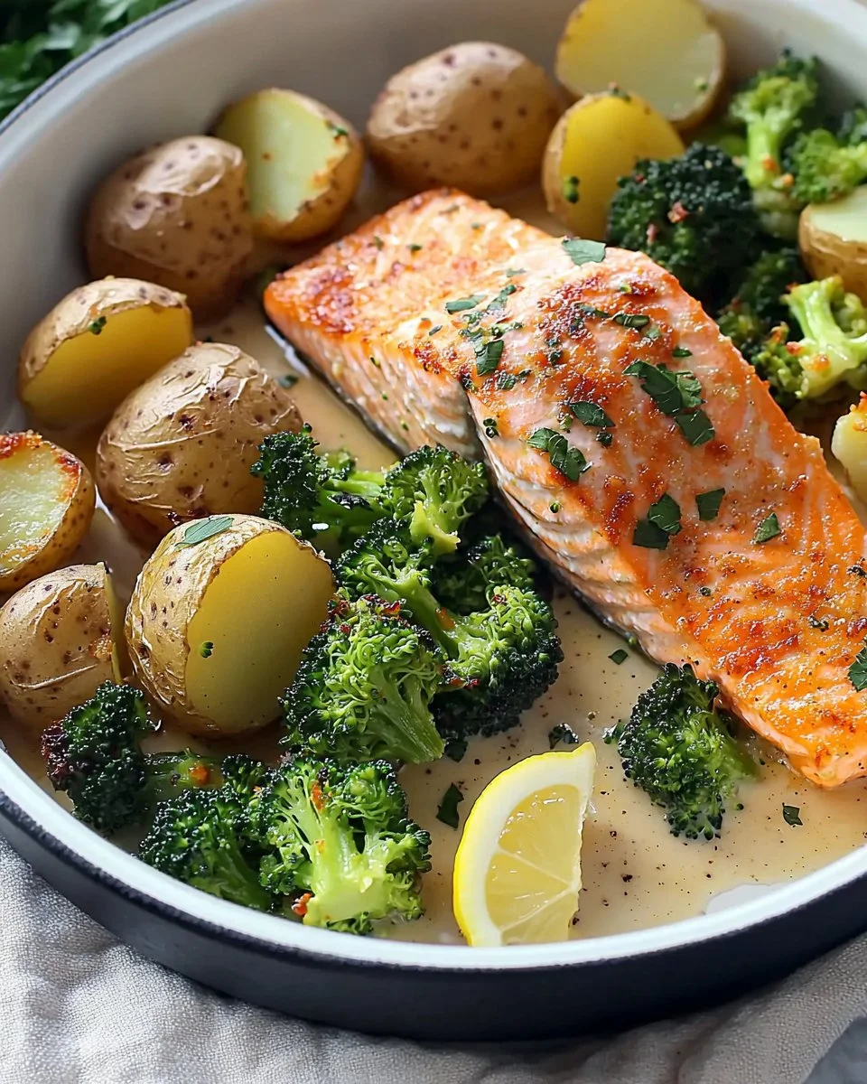 Baked salmon with crispy potatoes and broccoli on a plate