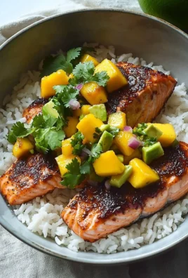 BBQ Salmon Bowls with Mango Avocado Salsa on a plate
