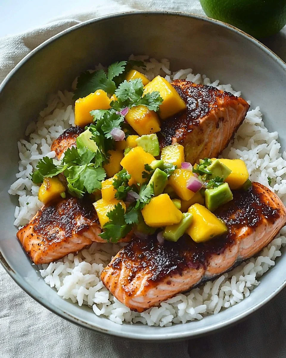 BBQ Salmon Bowls with Mango Avocado Salsa