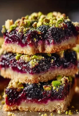 Homemade Blackberry Pistachio Dream Bars dessert on a plate with fresh blackberries