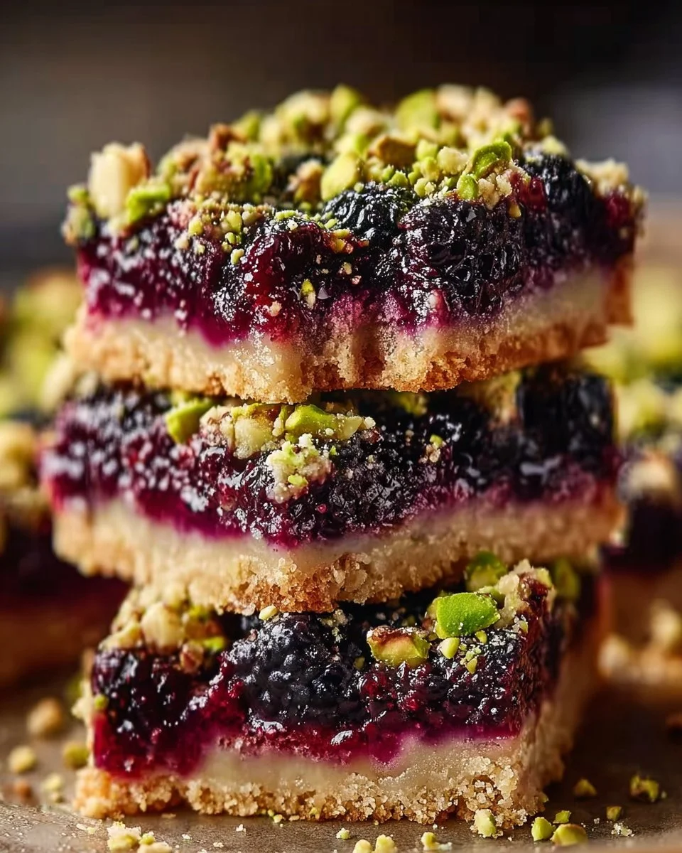 Homemade Blackberry Pistachio Dream Bars dessert on a plate with fresh blackberries