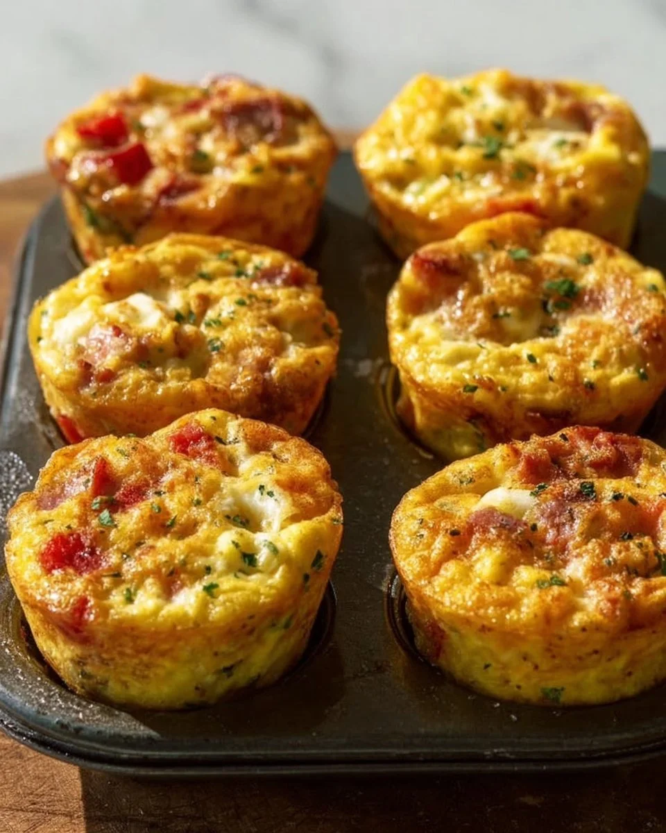 Delicious breakfast egg muffins served on a plate with fresh herbs