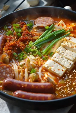 Budae Jjigae, a vibrant Korean Army stew with noodles, meats, and vegetables.