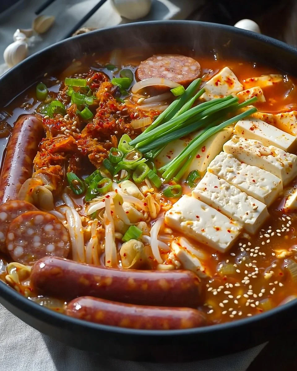 Budae Jjigae, a vibrant Korean Army stew with noodles, meats, and vegetables.