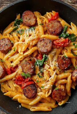 Bowl of spicy Cajun Sausage Pasta with herbs and ingredients