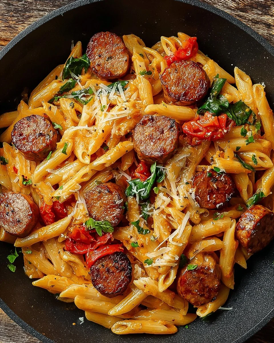 Bowl of spicy Cajun Sausage Pasta with herbs and ingredients