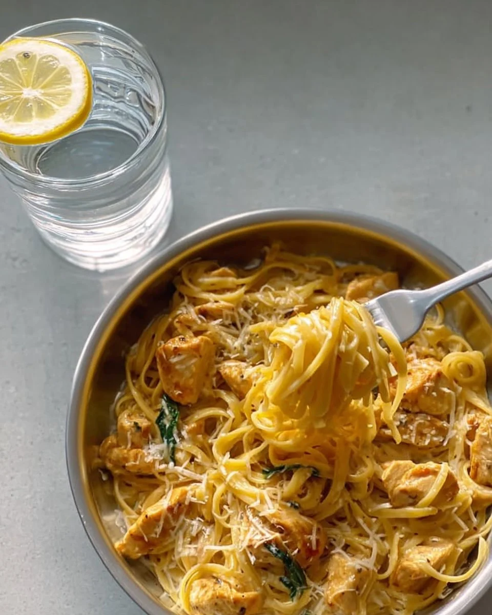 Delicious Cheesy Chicken Pasta with creamy sauce and tender chicken pieces