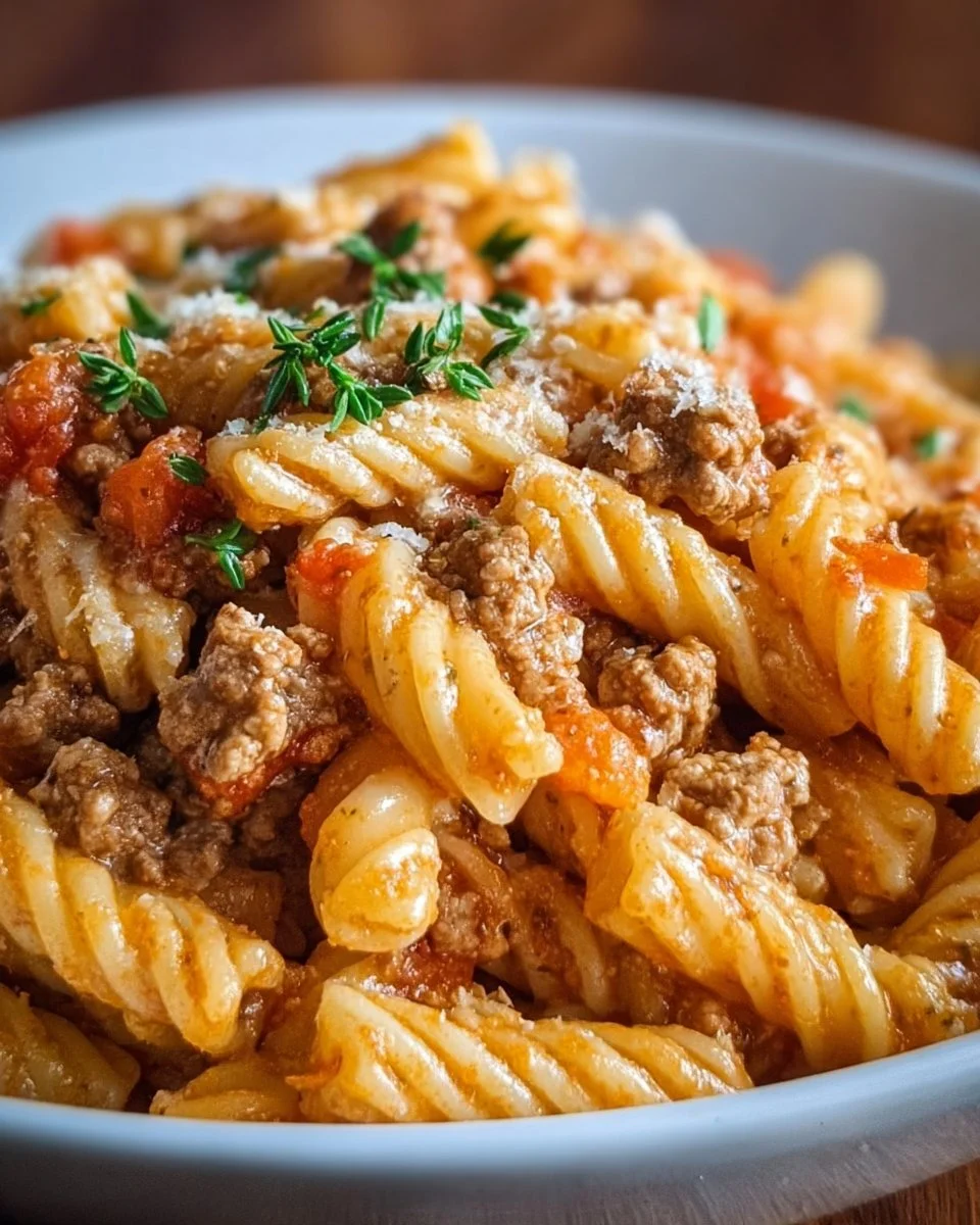Cheesy ground turkey pasta served in a bowl