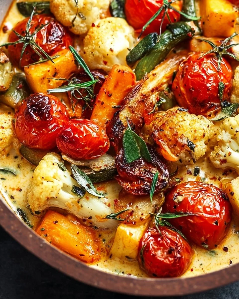 Cheesy Marry Me Roasted Vegetable Medley featuring colorful assorted roasted veggies