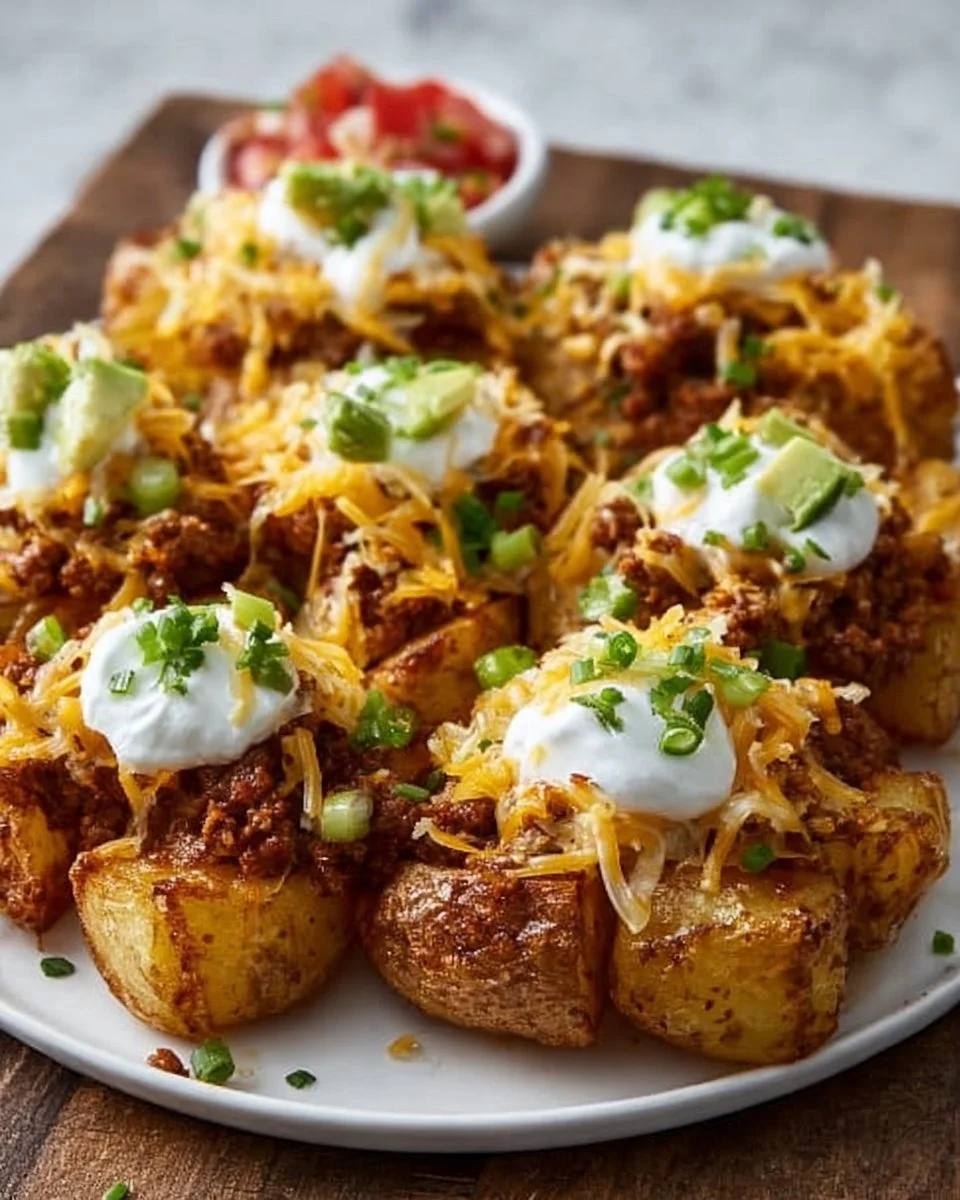 Cheesy taco potatoes topped with cheese and spices in a baking dish