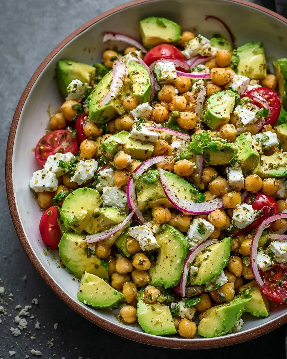 Chickpea salad with feta cheese and avocado in a bowl