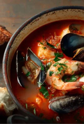 Bowl of steaming cioppino seafood stew with shrimp, fish, and mussels.