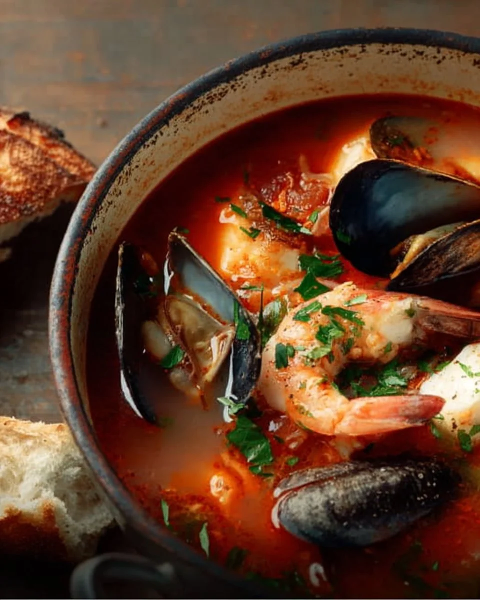 Bowl of steaming cioppino seafood stew with shrimp, fish, and mussels.