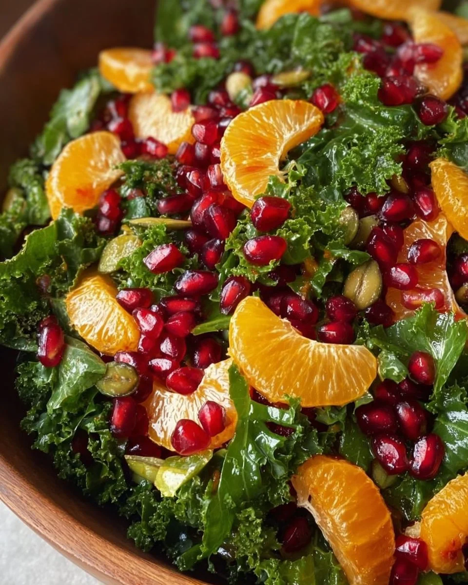 Colorful Citrus Pomegranate Kale Salad with fresh ingredients