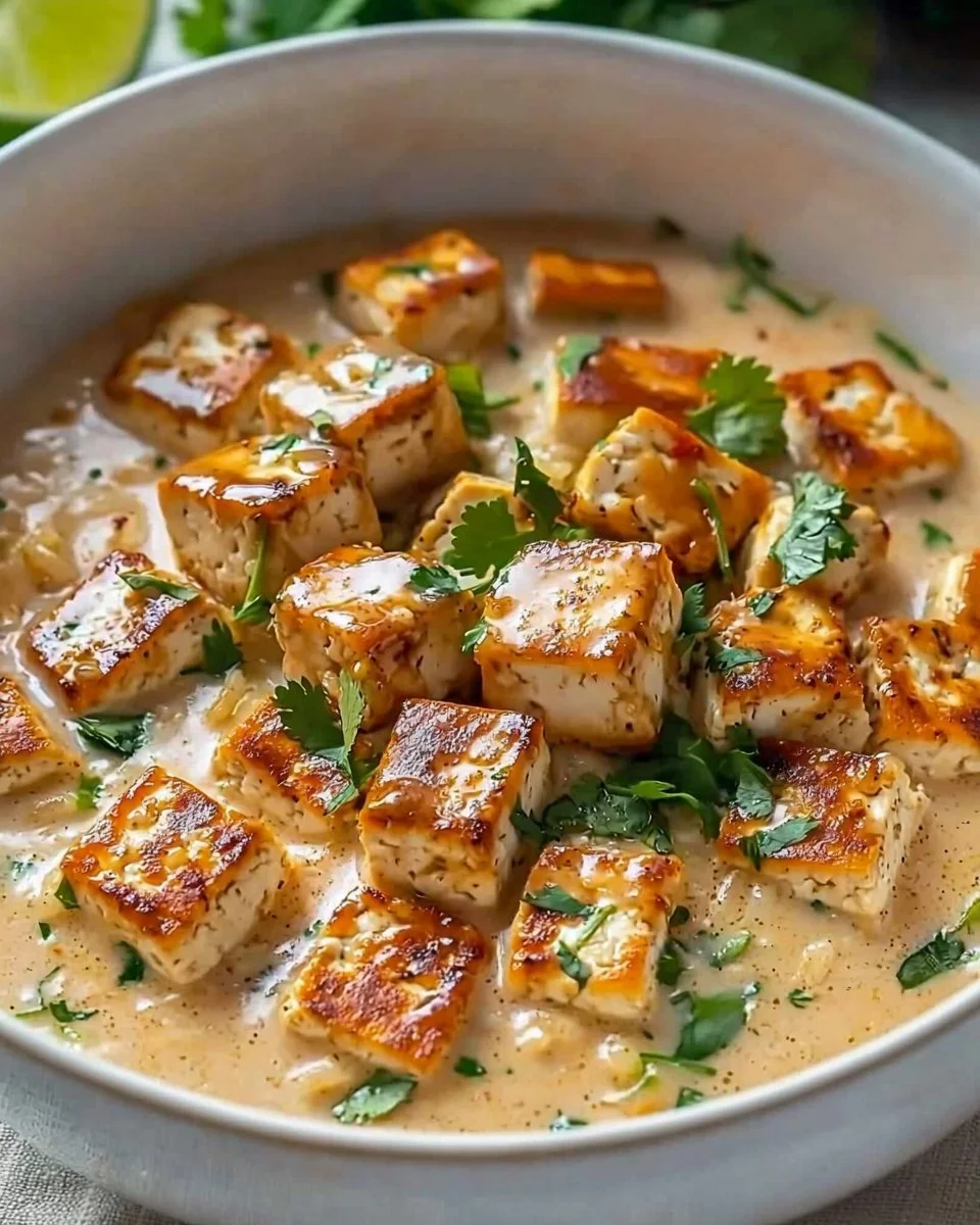 Delicious Coconut Lime Tofu served with fresh herbs and lime slices