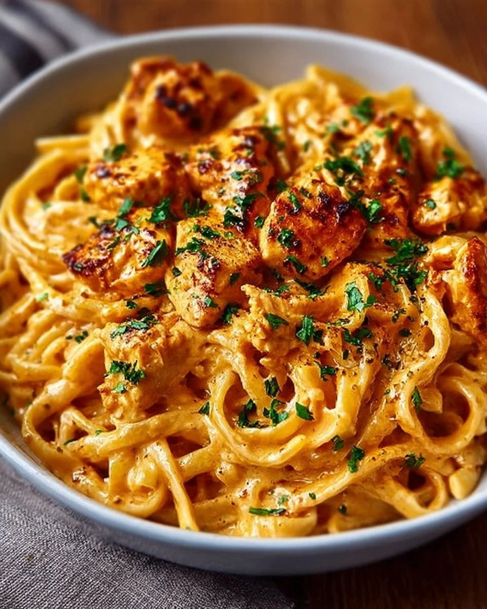 Delicious Cowboy Butter Chicken Pasta served in a bowl with herbs