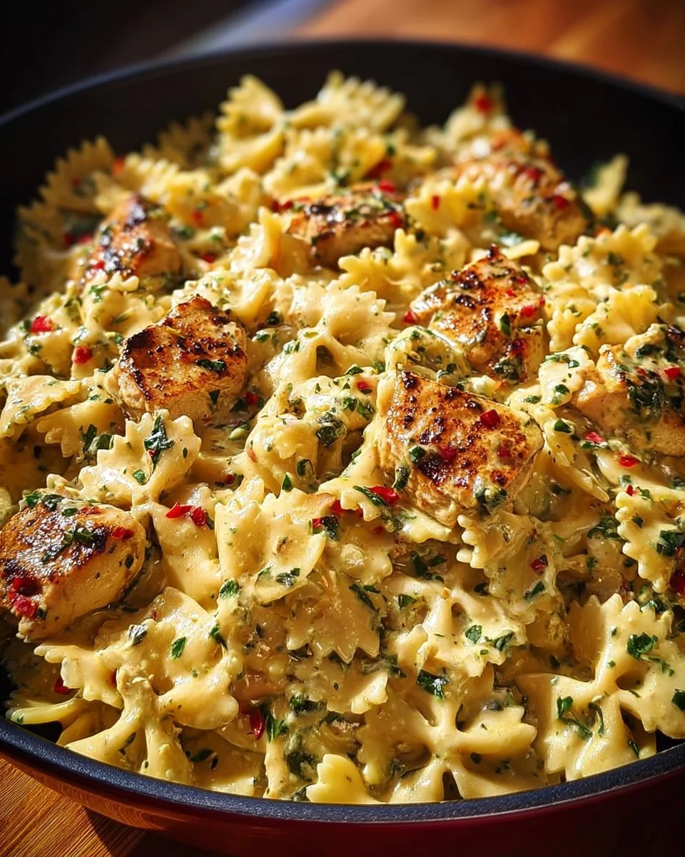 Creamy Chicken Bowtie Pasta dish garnished with herbs