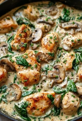 Creamy chicken mushroom spinach skillet dish served on a plate