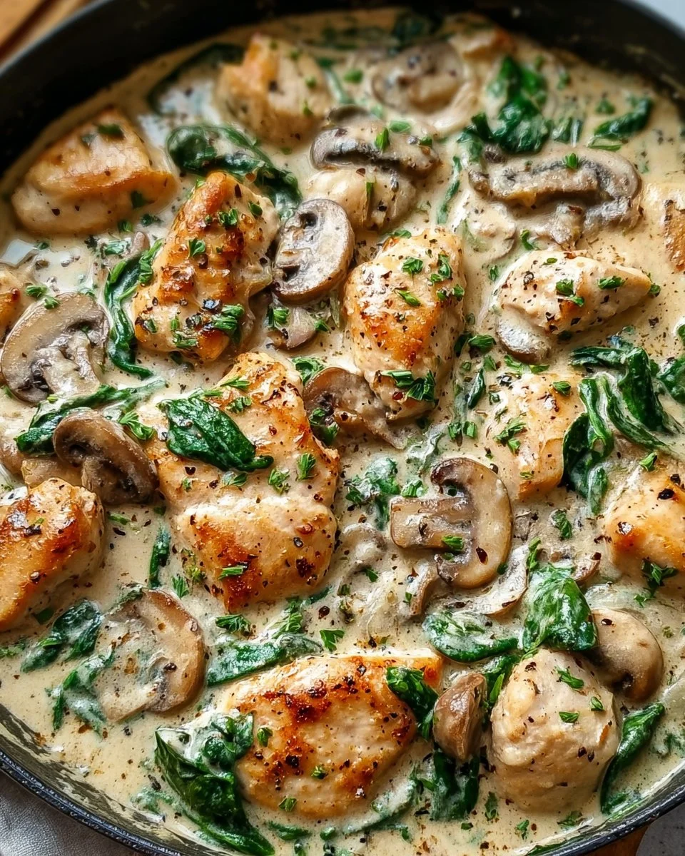 Creamy chicken mushroom spinach skillet dish served on a plate