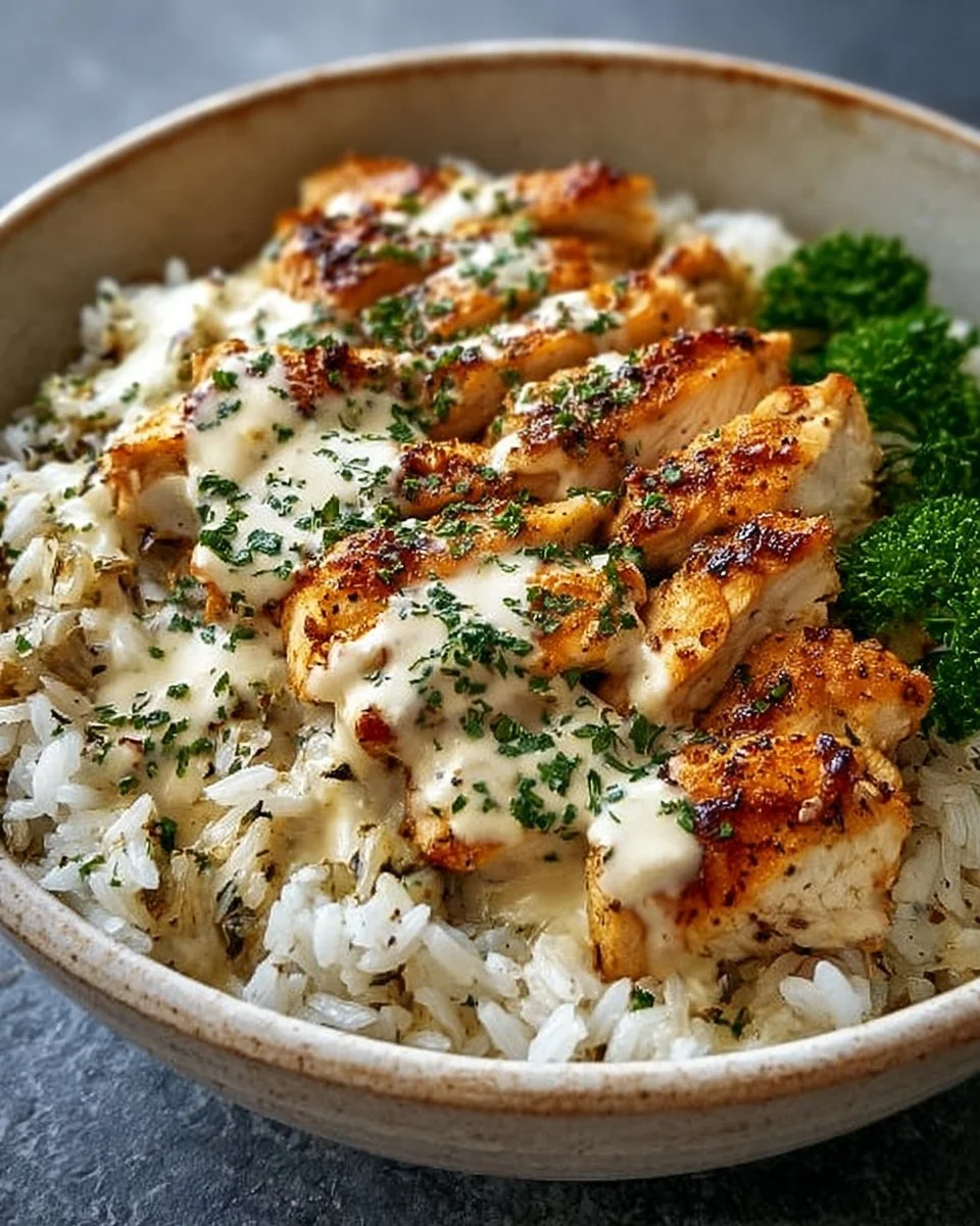 Creamy garlic chicken rice bowls topped with herbs and served in a white bowl.