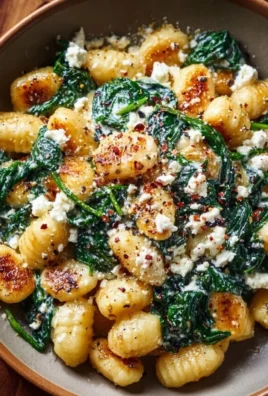 Creamy gnocchi dish with spinach and feta cheese, garnished and ready to serve