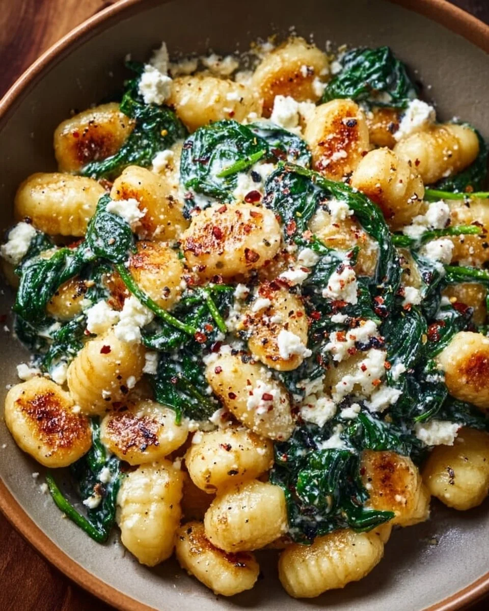 Creamy gnocchi dish with spinach and feta cheese, garnished and ready to serve