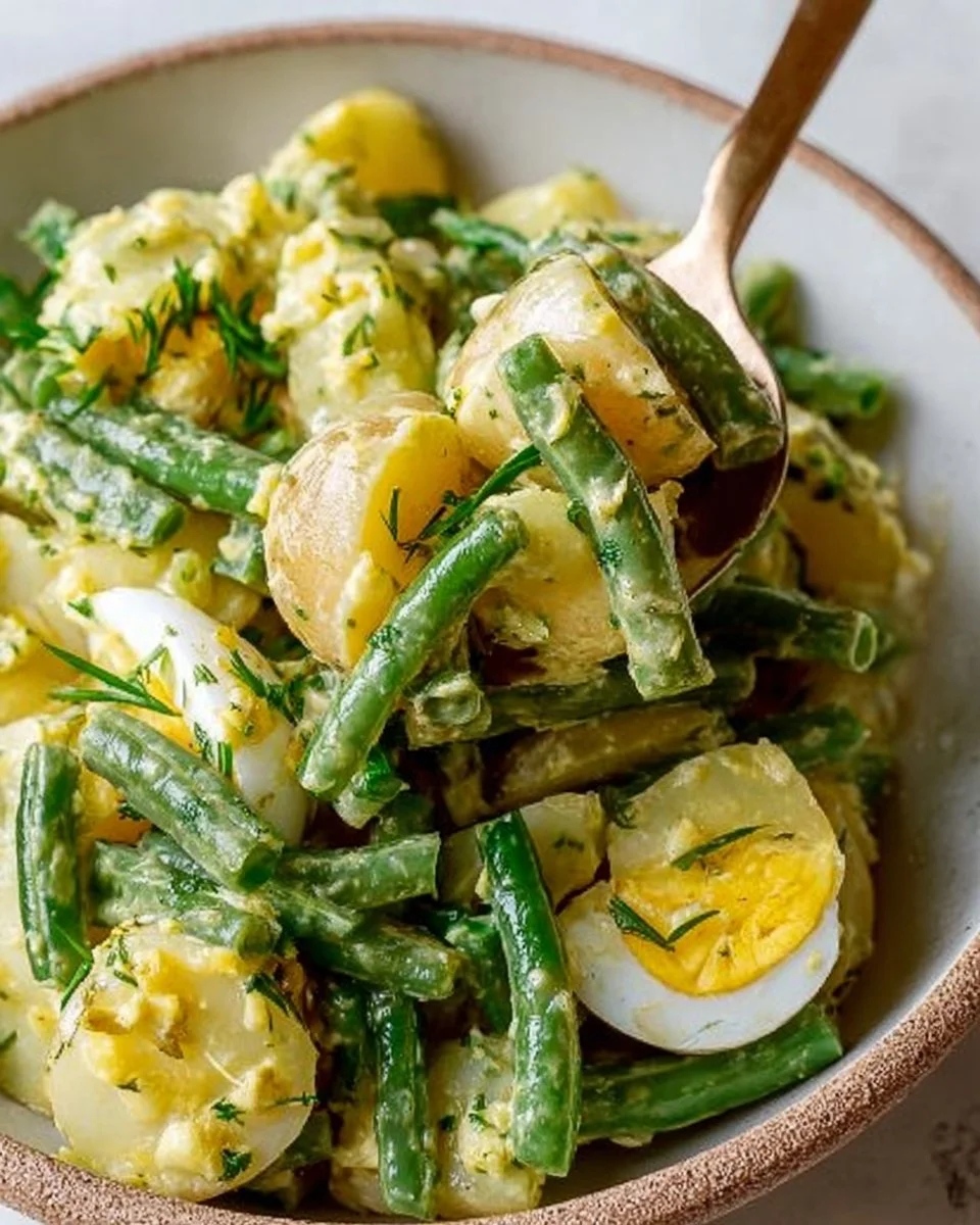 Creamy green bean potato salad in a bowl garnished with herbs.
