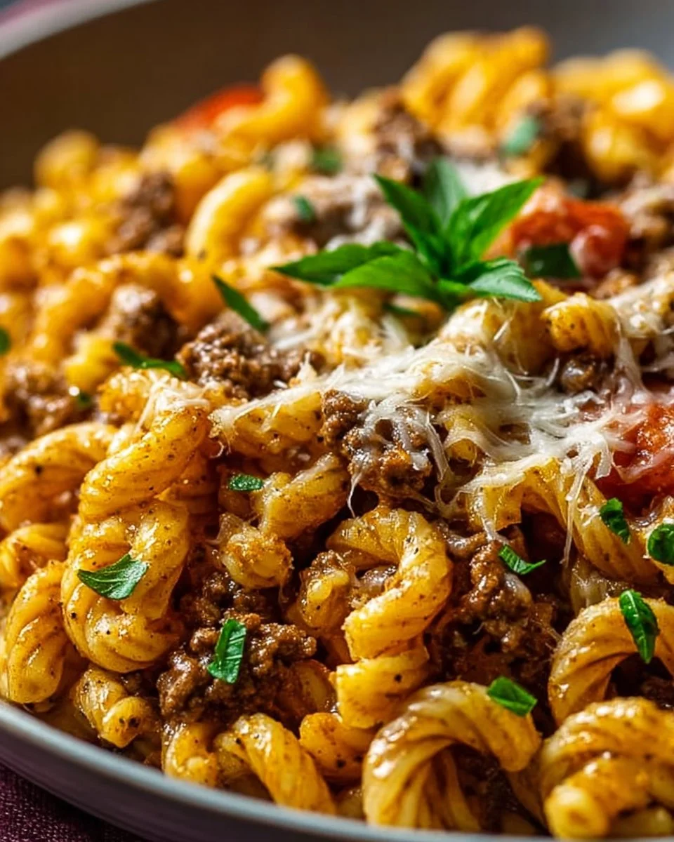 Creamy high protein beef pasta dish garnished with herbs