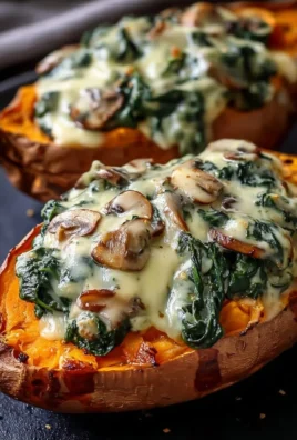 Creamy mushroom and spinach stuffed inside baked sweet potatoes