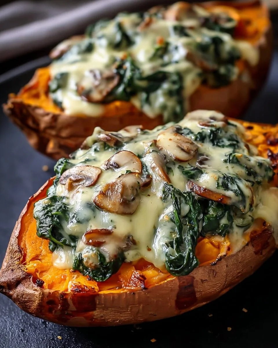 Creamy mushroom and spinach stuffed inside baked sweet potatoes