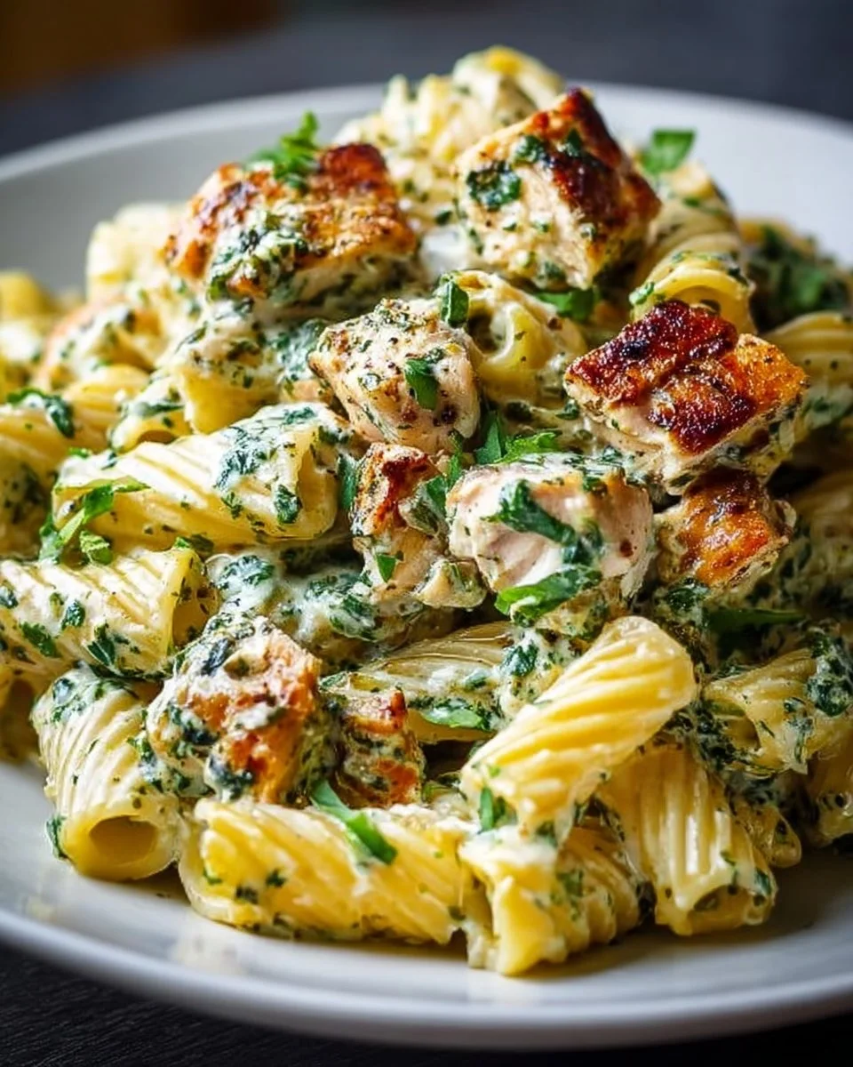 Creamy pesto chicken pasta served in a bowl with fresh basil