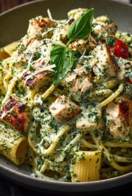 Delicious creamy pesto chicken pasta served in a white bowl