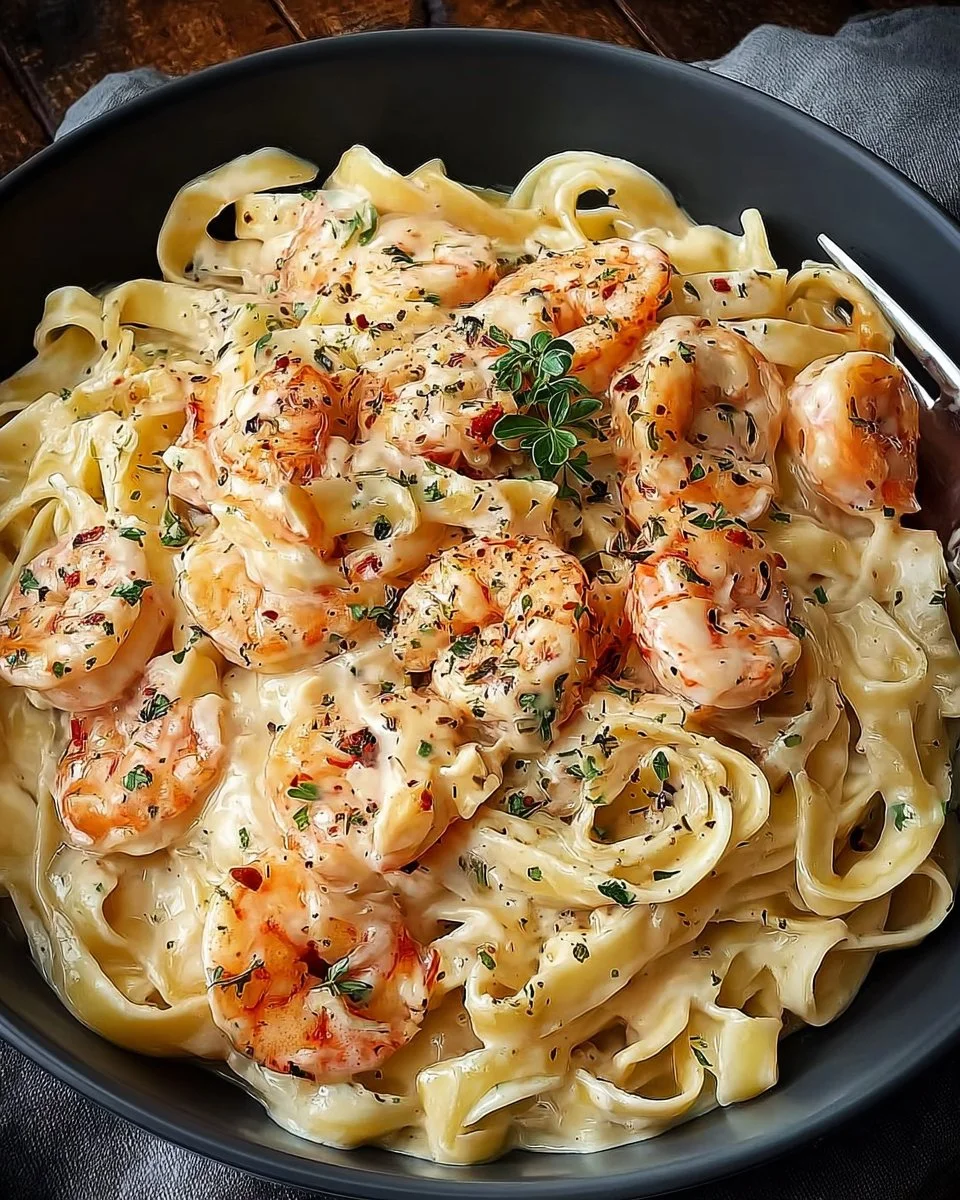 Creamy shrimp fettuccine pasta dish topped with homemade Alfredo sauce