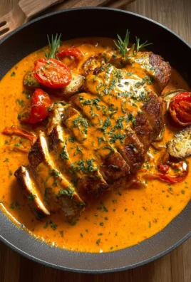 Creamy tomato chicken breast dish garnished with herbs and served on a plate.