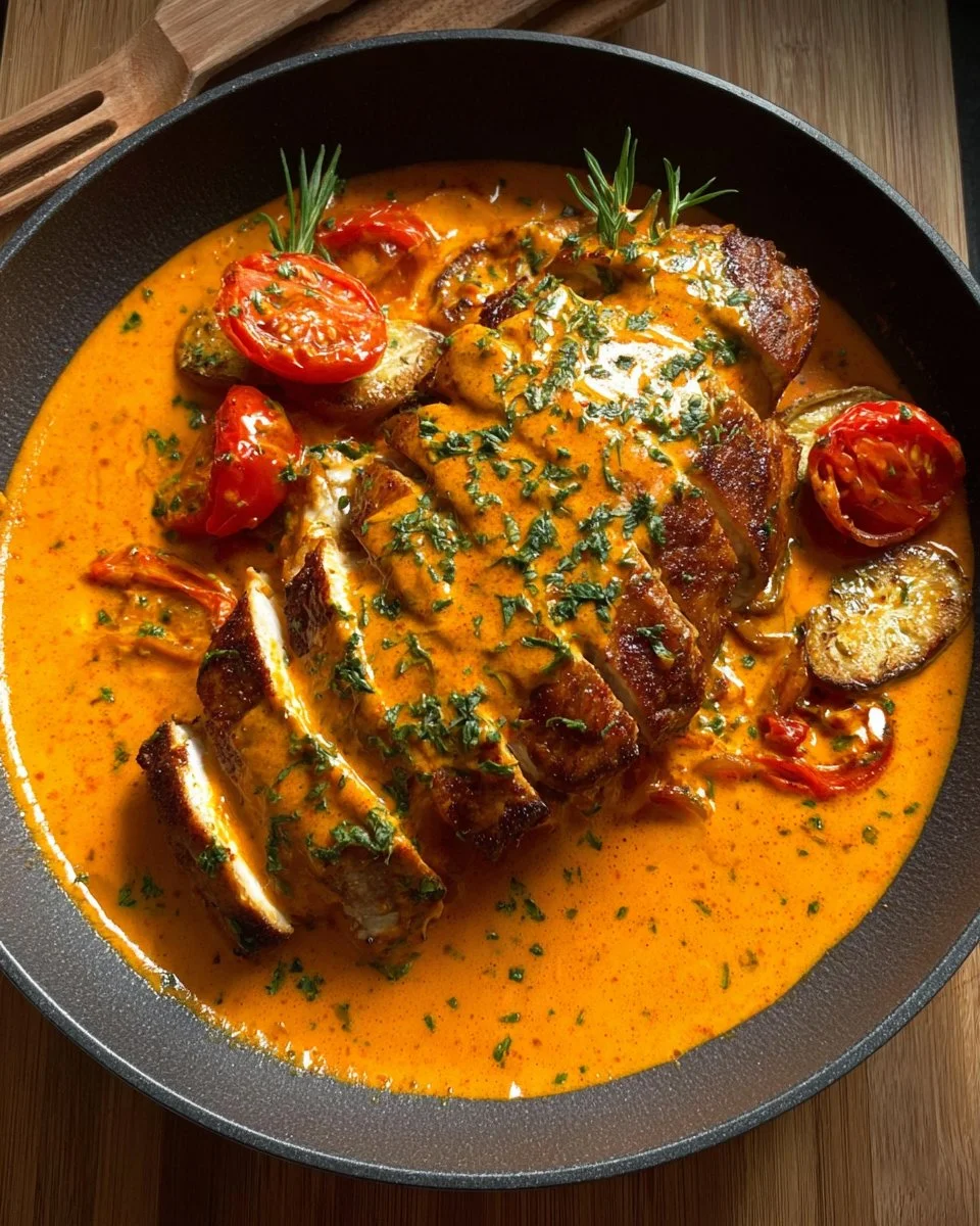 Creamy tomato chicken breast dish garnished with herbs and served on a plate.