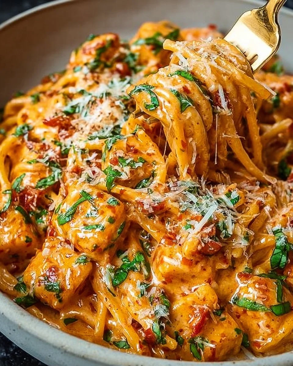 Creamy tomato garlic pasta dish garnished with herbs and served in a bowl