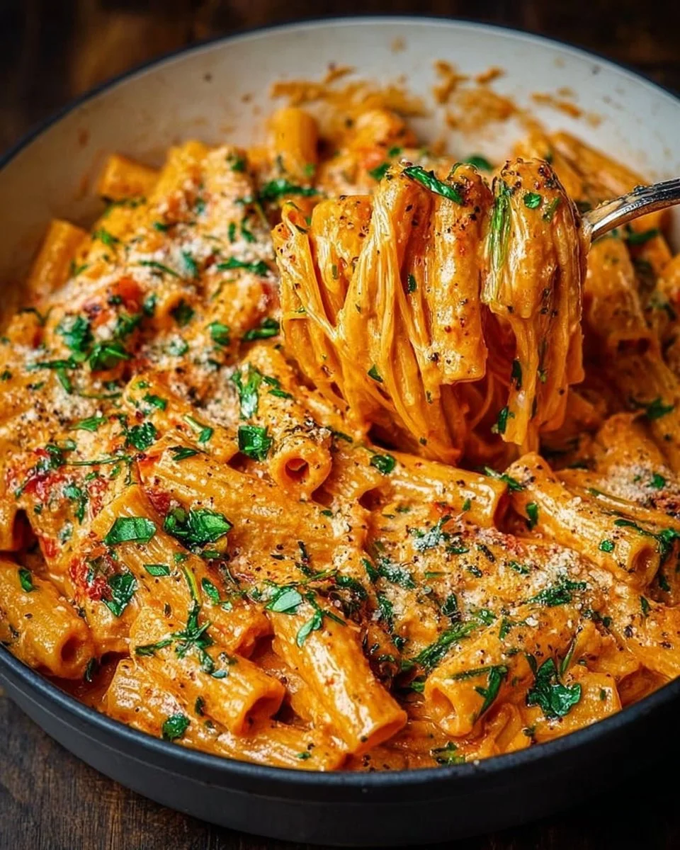 Creamy tomato garlic pasta served in a bowl with fresh basil and parmesan.