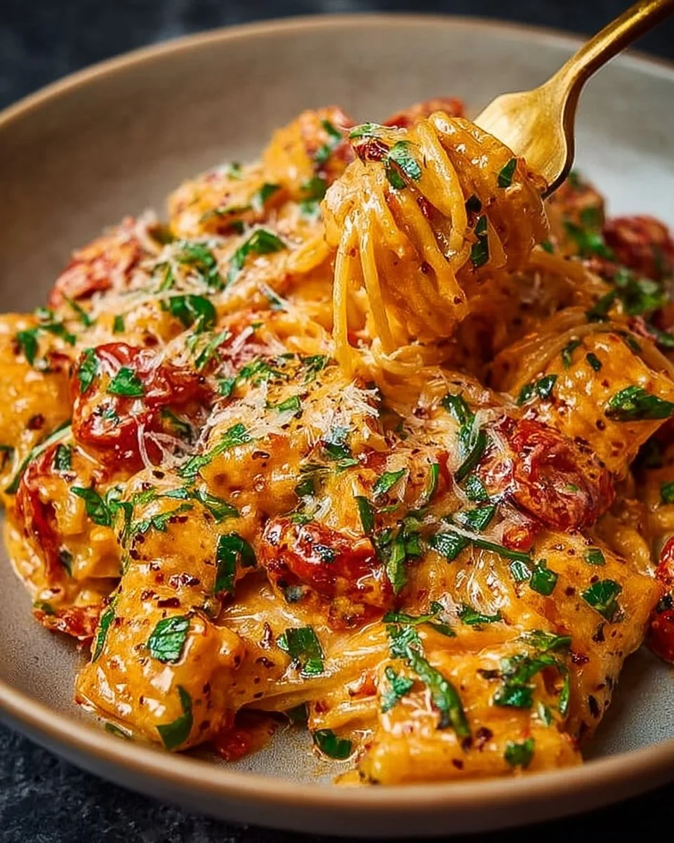 Creamy tomato garlic pasta dish garnished with fresh herbs
