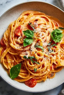 A delicious bowl of creamy tomato pasta garnished with fresh basil and parmesan cheese.
