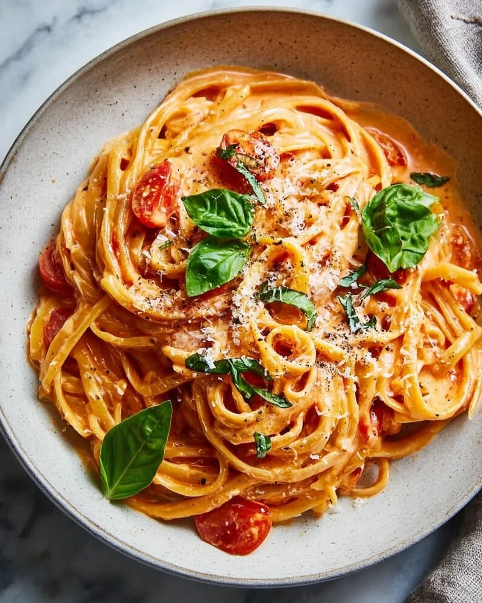A delicious bowl of creamy tomato pasta garnished with fresh basil and parmesan cheese.