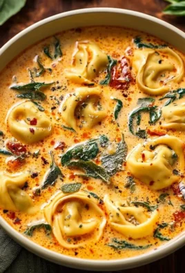 Bowl of creamy Tuscan garlic tortellini soup garnished with herbs