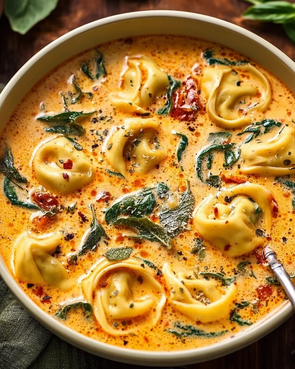 Bowl of creamy Tuscan garlic tortellini soup garnished with herbs