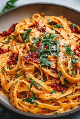 Creamy vegan sun-dried tomato pasta served in a bowl with fresh basil.