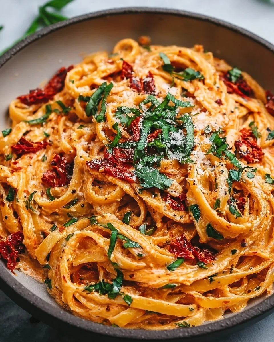 Creamy vegan sun-dried tomato pasta served in a bowl with fresh basil.