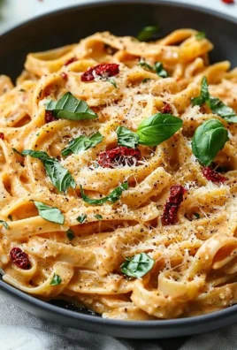 Creamy vegan sun-dried tomato pasta served in a bowl with fresh basil.